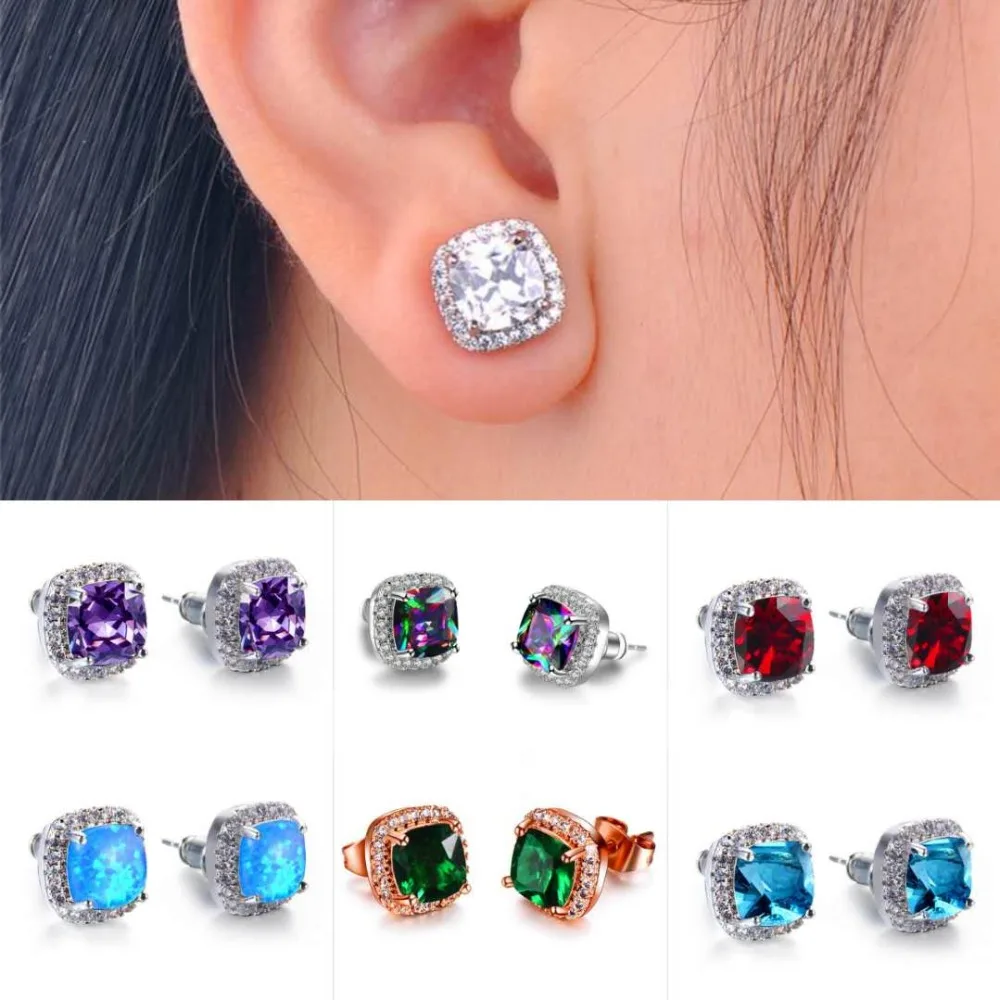 

Wholesale Female Crystal Square Stud Earrings For Women 925 Silver Rose Gold Color White Blue Green Fire Opal Earrings Jewelry