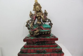 

USPS to USA S2750 8.5 Tibet Bronze inlay turquoise coral 7 Eye Green TaRa padma Guan Yin Buddha