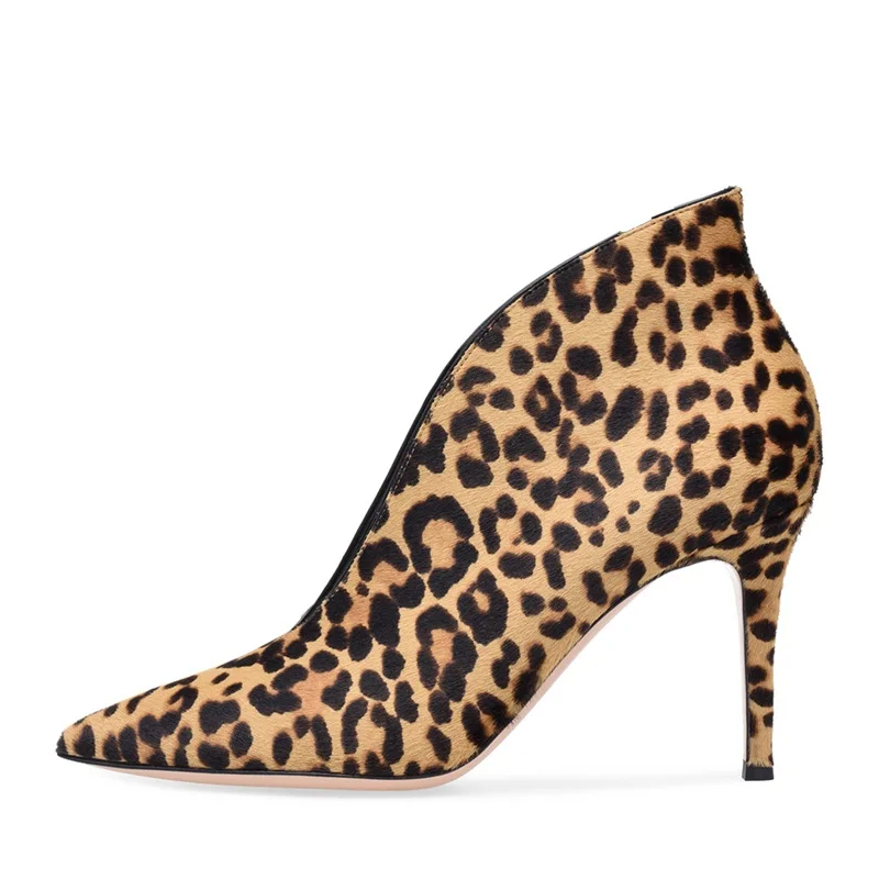 

2019 Fashion Leopard Shoes Pointed Toe Cuts Out Woman Pumps Thin Heels Slip On Flock Woman Stiletto Dress Shoes Big Size