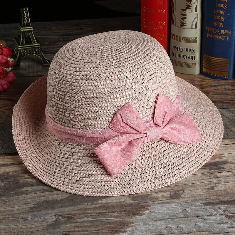 Новая корейская мода леди шляпа соломенная шляпа лук козырек пляж шляпа большой шляпе дышащая