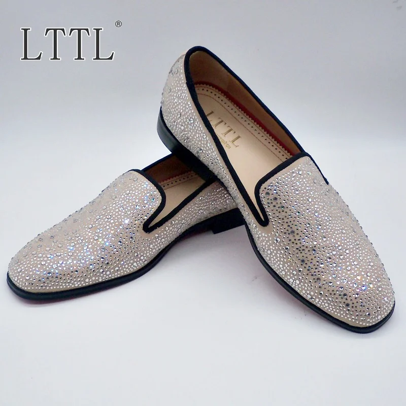 LTTL New Arrival Handmade Rhinestone Men Suede Loafers Luxury Party And Wedding Men Shoes Slip-on Leather Men's Flats