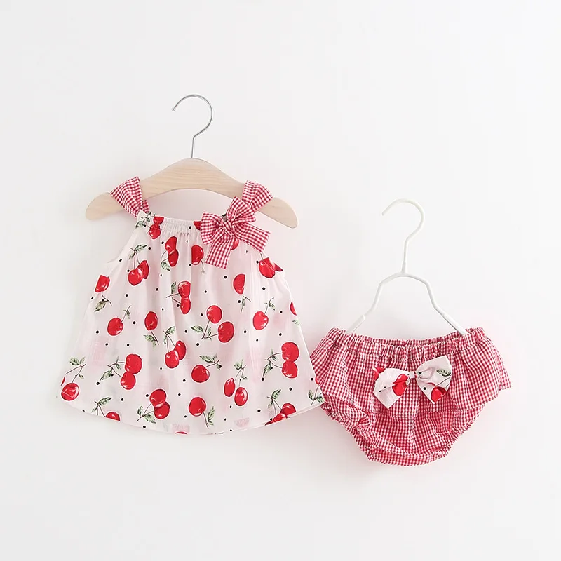 

Summer Baby Girls Infants Straped Spaghetti Cherry T-shirt Blouse+Striped Bow PP Shorts Bloomers Pants 2pcs Clothing Sets S5338