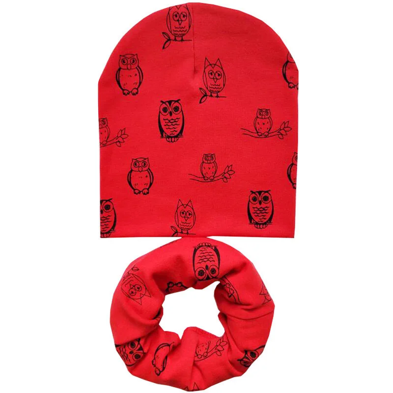Red Owl Set Новая осенне-зимняя детская шапка, комплект для мальчиков и девочек, шарф на шею, весенний теплый шейный платок, детские вязаные шапки, комплекты, хлопковая детская шапка, шарф - Цвет: Red Owl Set