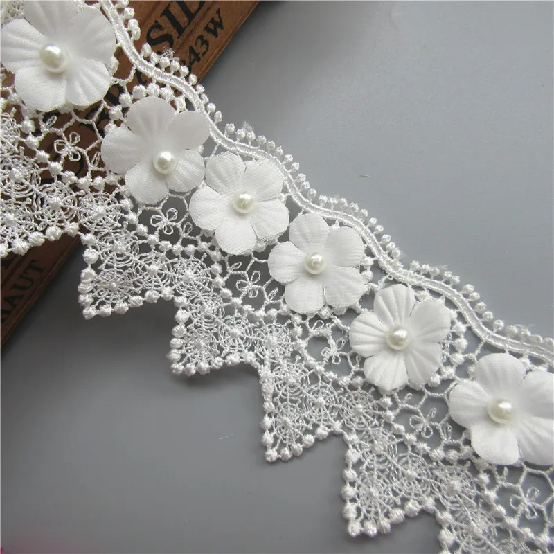 1 Meter 6cm White Flower Pearl Lace Edge Trim Ribbon Fabric Embroidered