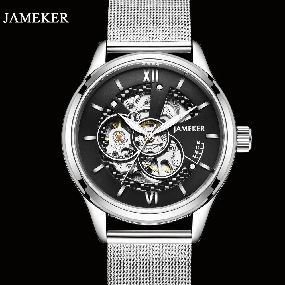 

JAMEKER Luxury Open Work Design Mens Watches Skeleton Dial Milan Strap Watch Automatic Movement Waterproof Montre Homme JM078