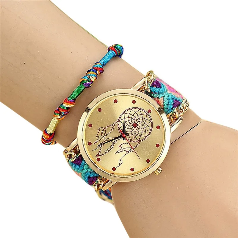 

Casual Women Native Handmade Ladies Vintage Quartz Watch Dream Catcher Braided Bracelet Watches