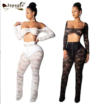

Sexy Ladies Women Lace Material Hollow Out Strapless Top With Pants Women Club Sexy Suits