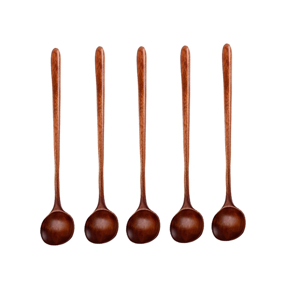 

5-Piece Natural Long Handle Stirring Korean Style Wood Spoons for Restaurant Home Kitchen