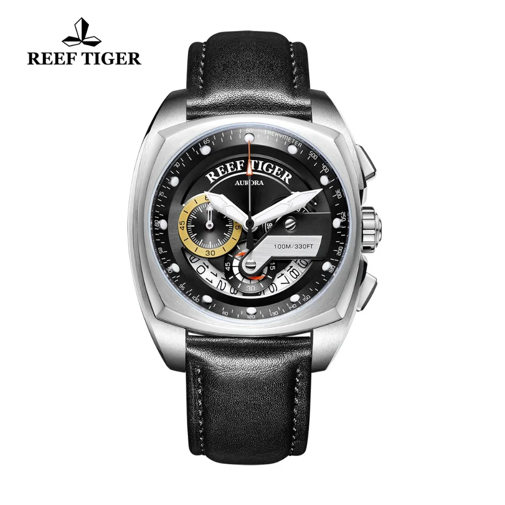 Мужские наручные часы Reef Tiger/RT модные квадратные спортивные со стальным кожаным