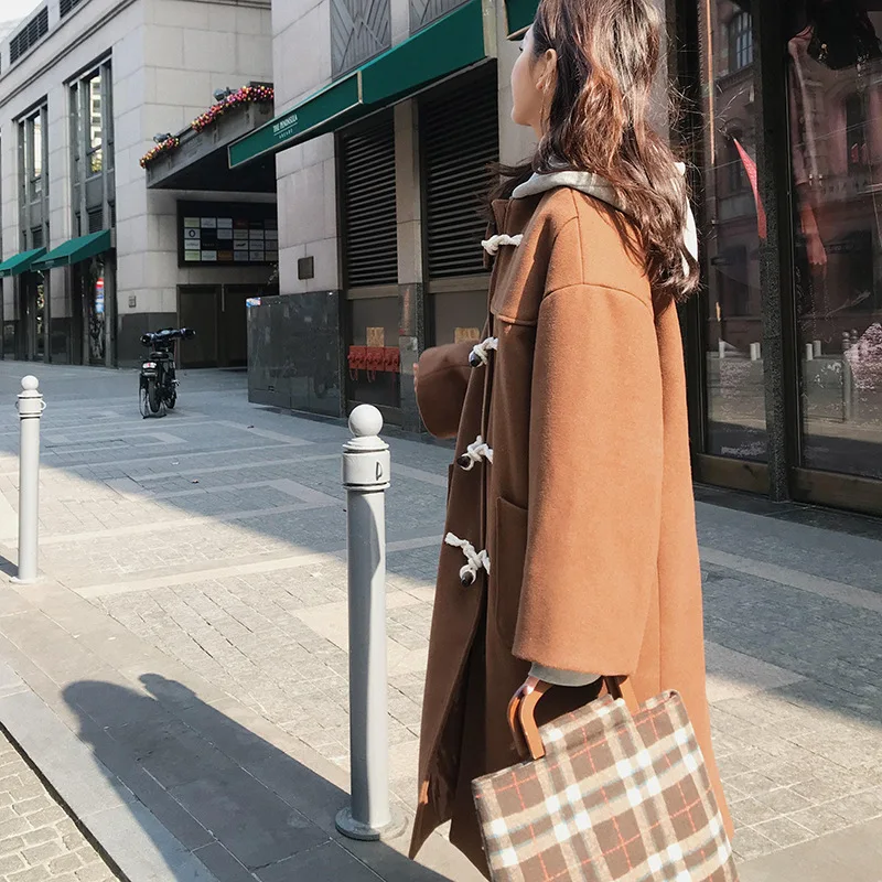 

Casual Fashion Long Woolen Winter Coats Loose Long Wool Coat and Jacket Patchwork Horn Buckle Ladies Coats