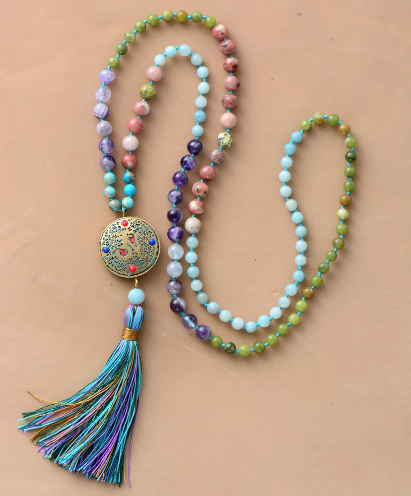 Yoga Necklace Jewelry Beaded Long Tassel Necklace Jasper with 108 Mala Beads for Women or Men