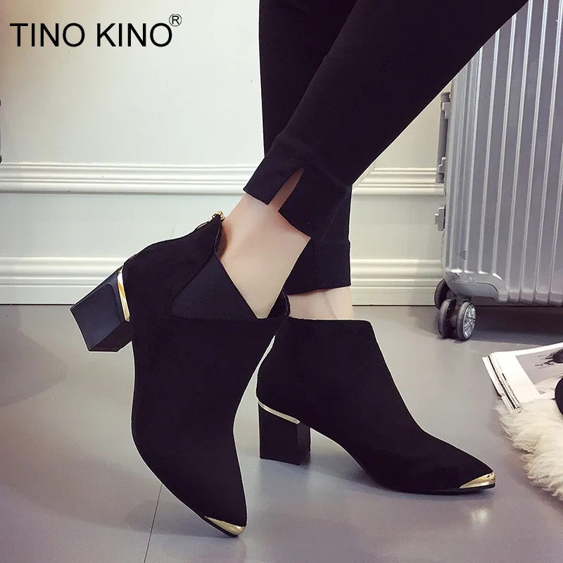 

Tino Kino 2018 Autumn Woman Chelsea Boots Female Fashion Metal Pointed Toe Zip Square High Heel Ankle Boots Sexy Ladies Shoes