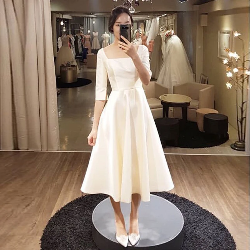 Simple Tea Length Wedding Dresses With Half Sleeves White Ivory