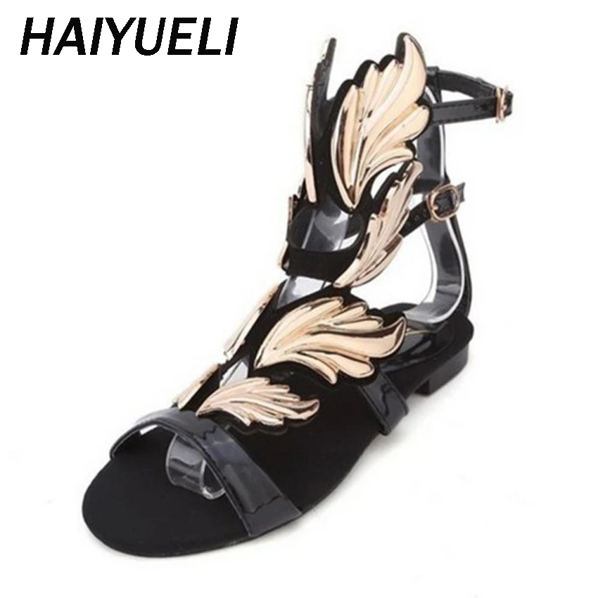 

HAIYUELI women sandals metal decoration wings gladiator sandals rome style flame strap flat heel summer personalized shoes woman
