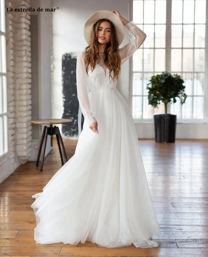 Vestido novia boho Новое кружевное свадебное платье трапециевидной формы с длинным рукавом цвета слоновой кости, Пляжное свадебное платье sukienka slubna