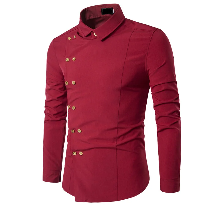  New 2018 Fashion Long sleeve senior Wedding Business gentleman inclined placket double-breasted thin solid men's dress shirts