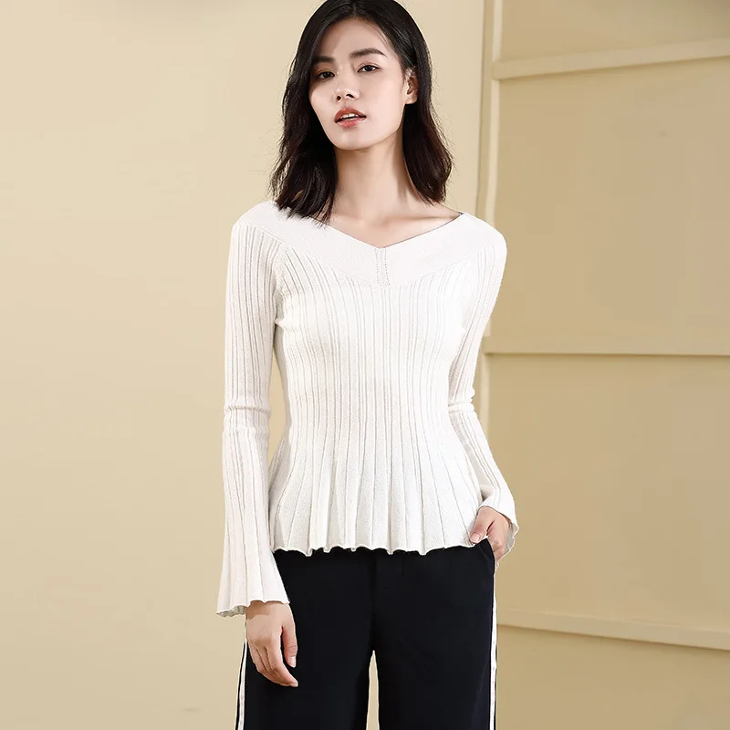 2018 Fall And Winter New Horn Long-sleeved V-neck Knit Top Slim Bottoming Shirt Short Sweater Women's Sweater vestidos 2018 Fall And Winter New Horn Long-sleeved V-neck Knit Top Slim Bottoming Shirt Short Sweater Women's Sweater vestidos