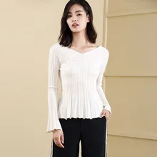 2018 Fall And Winter New Horn Long-sleeved V-neck Knit Top Slim Bottoming Shirt Short Sweater Women's Sweater vestidos