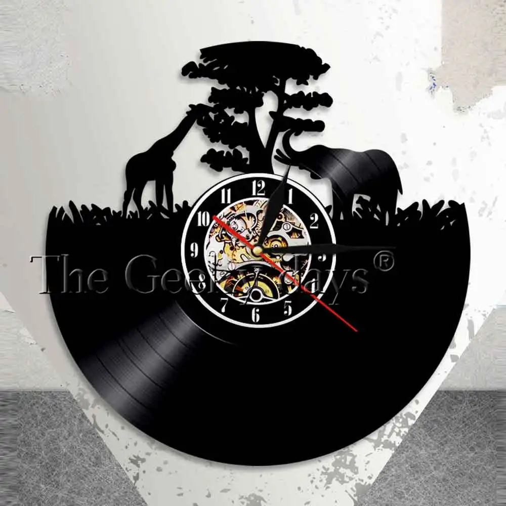 Giraffe and Elephant African Sunset Wall Clock Mother and Baby Animals