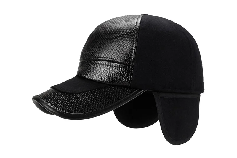 Мужская теплая бейсбольная кепка с наушниками, Мужская Зимняя кепка из искусственной кожи, черная бейсболка, Мужская Утепленная бейсболки кепки
