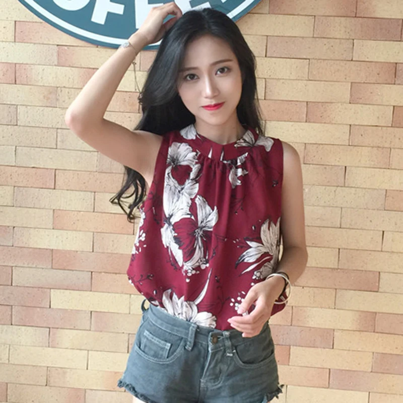 

2019 Elegant Chiffon Feminine Blouse Women Fashion Floral Halter Summer Women Blouse Casual Sleeveless Blouse Women Shirts