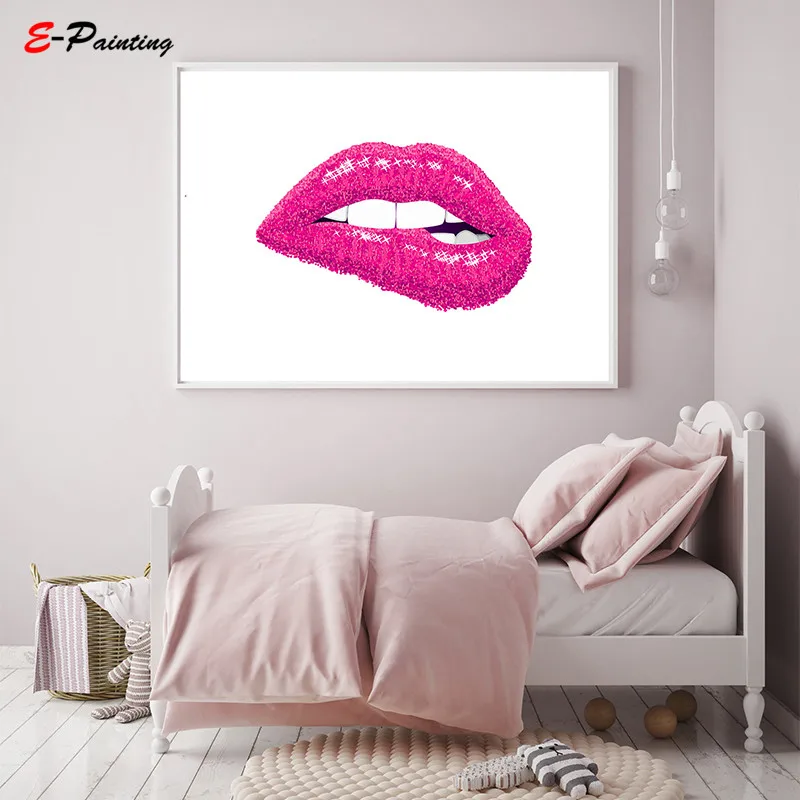 Pink Lips Print Fashion Wall Art Sparkle Lips Poster Print Vanity Girl