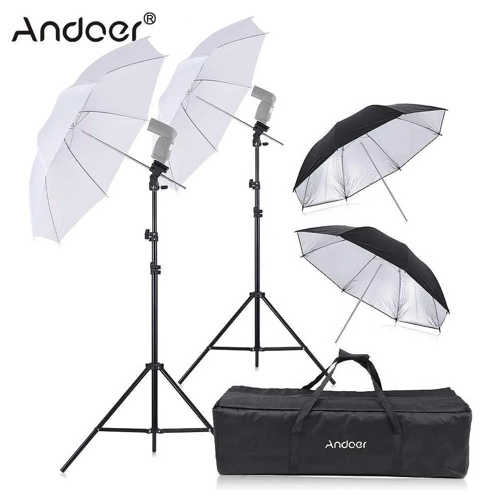 

Andoer Double Speedlight Flash Shoe Mount Swivel Soft Umbrella Kit 2 * 2m Light Stand +2 * 83cm Translucent White Soft Umbrella