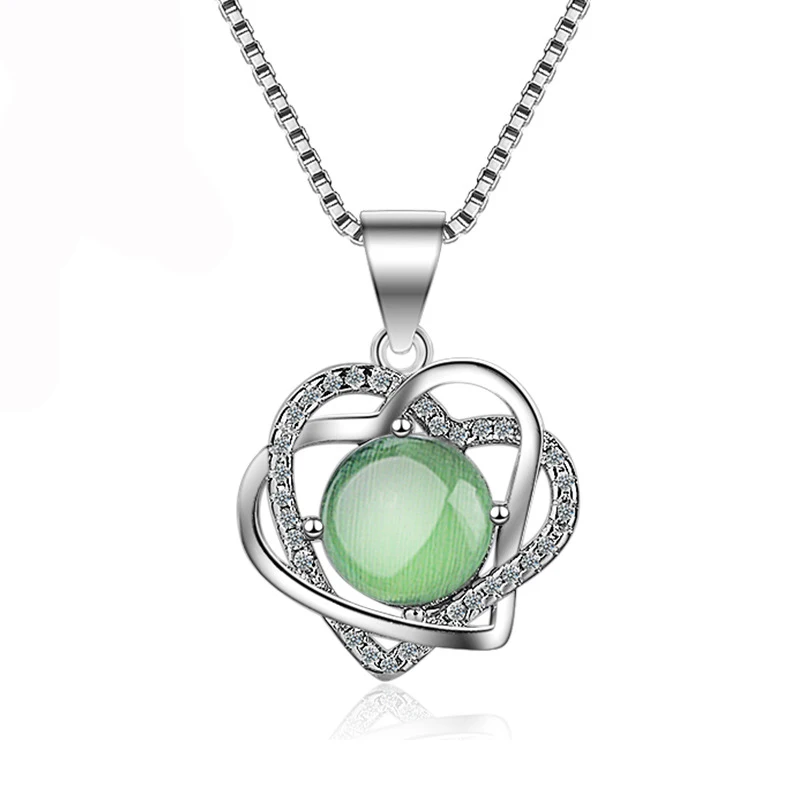 

Utimtree 925 Silver Statement Jewelry Women Heart Necklace with Cubic Zirconia Green Cat Eye Stone Pendants Necklaces for Lady