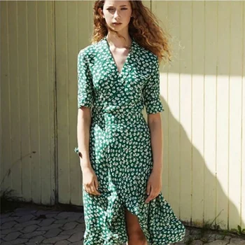 

Designer Brand Dress for Women Sexy V Neck Green flower Asymmetrical Long Dress