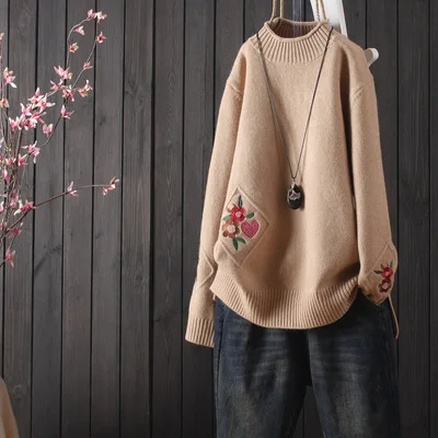 Осень Зима Водолазка джемпер для женщин толстое пальто свободный длинный рукав Ретро вышивка цветочный свитер, вязаный пуловер теплый пуловер - Цвет: Хаки