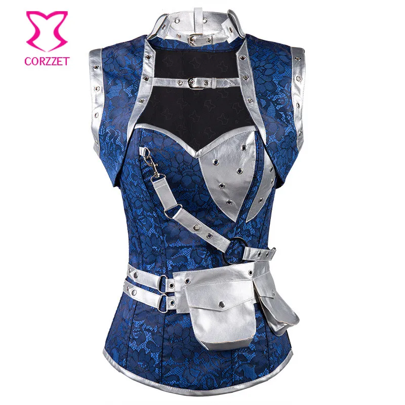 Corzzet Blue Silver Brocade Steampunk Overbust Corset With font b Jacket b font Waist Trainer Steel