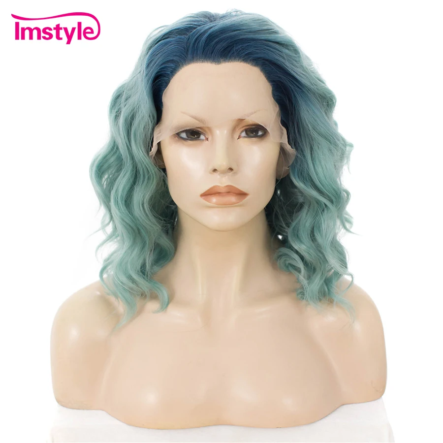 

Imstyle Short Bob Wavy Teal Green Ombre Wig Lace Front Wigs For Women Synthetic Wig Heat Resistant Fiber Cosplay Wig Ice Queen