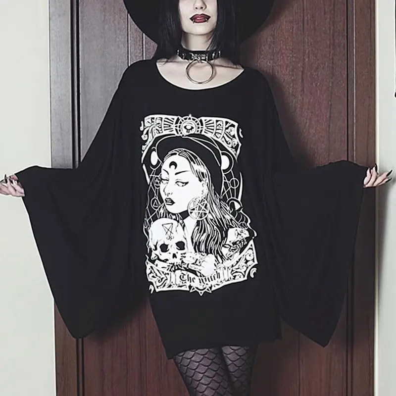 

Goth Dark Grunge Black Print T-shirts Gothic Loose Punk Harajuku Streetwear Autumn 2019 LongT-shirt Female Aesthetic T shirt