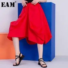 [EAM] Новинка Весна Лето высокая эластичная талия черная свободная складывающаяся трехмерная юбка средней длины Женская мода JT354