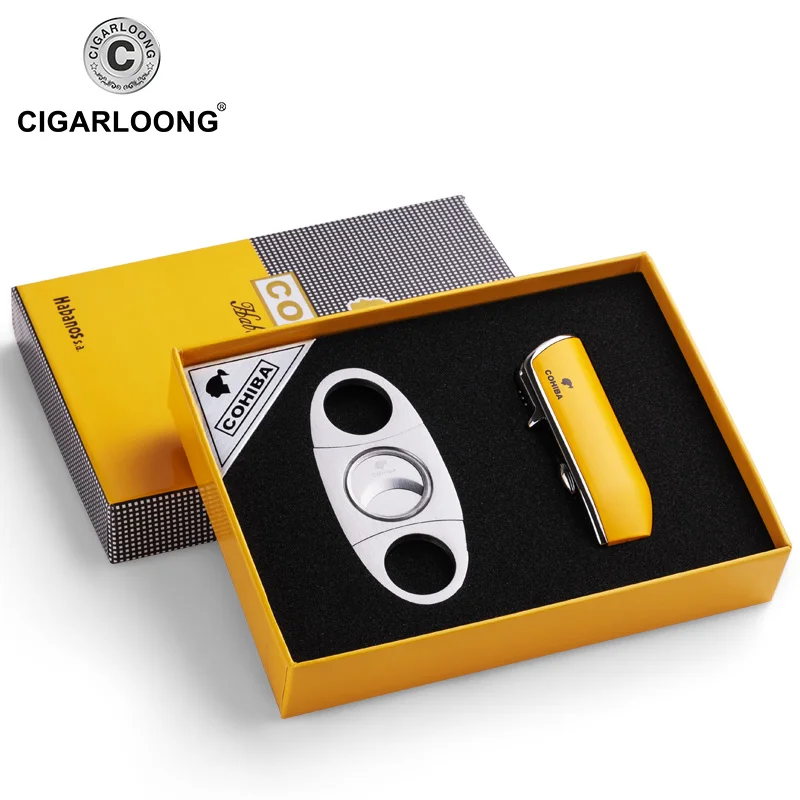 COHIBA ветрозащитная 3 фонарь Jet Flame бутан Газовая металлическая зажигалка с сигары резак подарочный набор CL-TZ009a