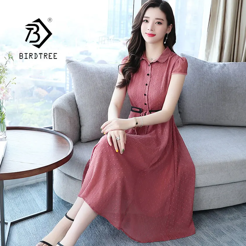 

2019 New Summer Women's Solid Chiffon Dress Bow Short Turn Down Collar Sashes High Waist Botton Lady Vestido Hot Sale D94310Z