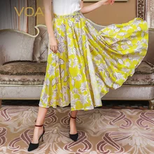 VOA желтый принт шелк качели обёрточная бумага юбка для женщин Harajuku Jupe Femme длинные юбки Бохо Высокая талия Дамы Роскошные милые повседневные C653