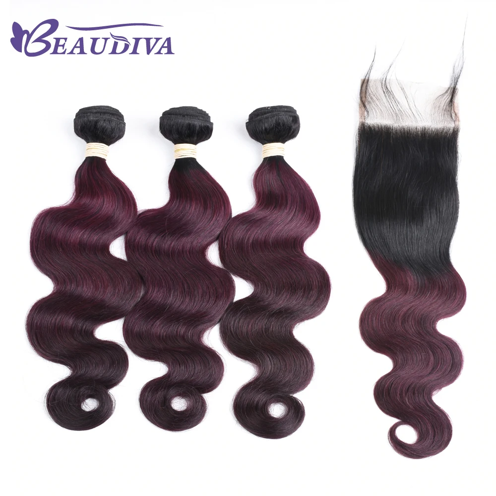 

BEAUDIVA Pre-Colored Body Wave Human Hair With lace closure 4*4 TB/99J Ombre color brazilian hair Bundles Extensions