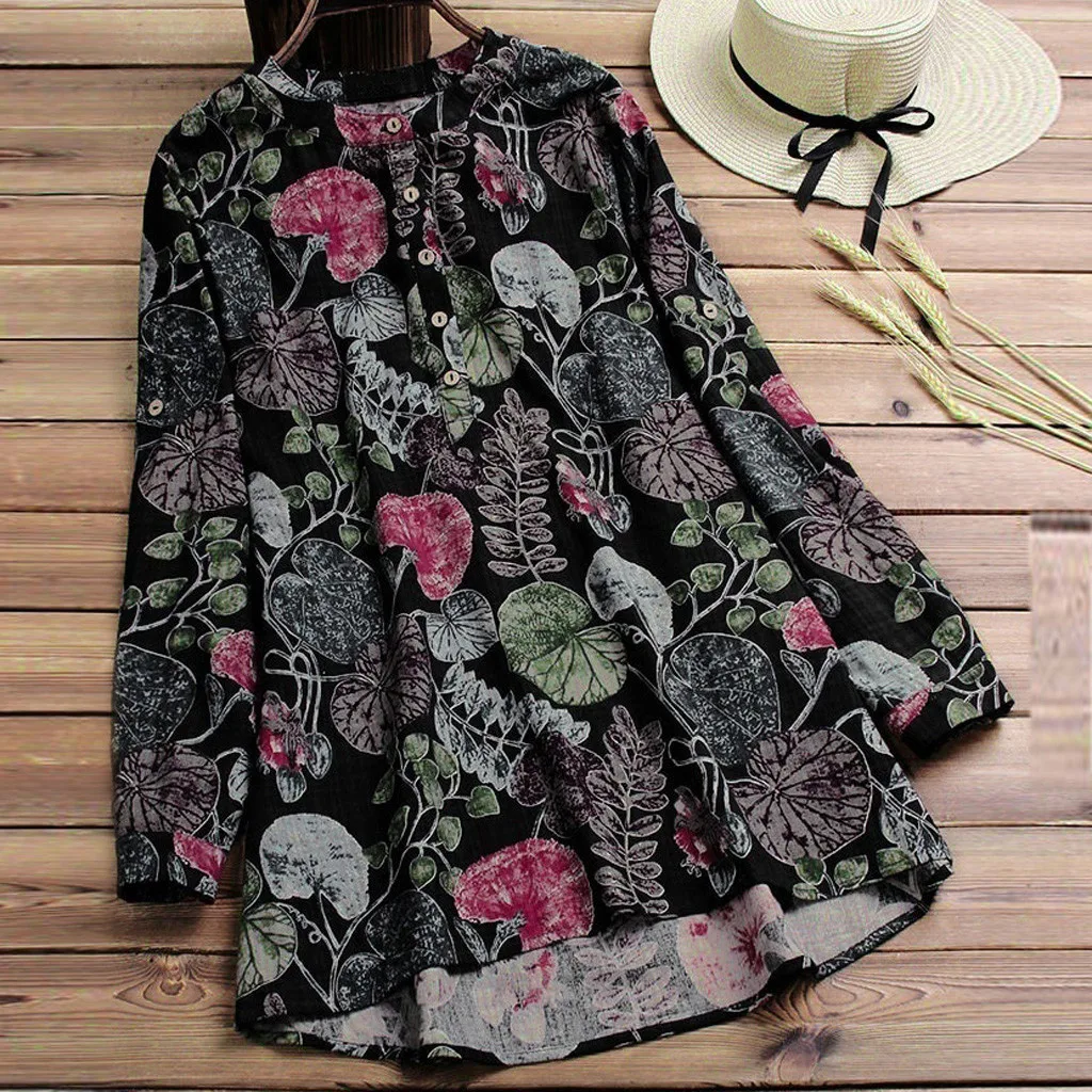

Plus Size Womens Tops And Blouses 2019 Vintage Office Lady Floral Print Long Sleeve Ladies Tops Casual O Neck Woman Clothes