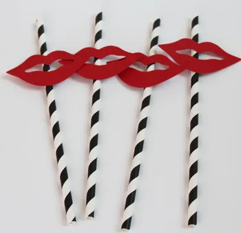 

25 Red Lips on Black Stripe Straws Bachelorette Party Decoration Decorated Paper Straws