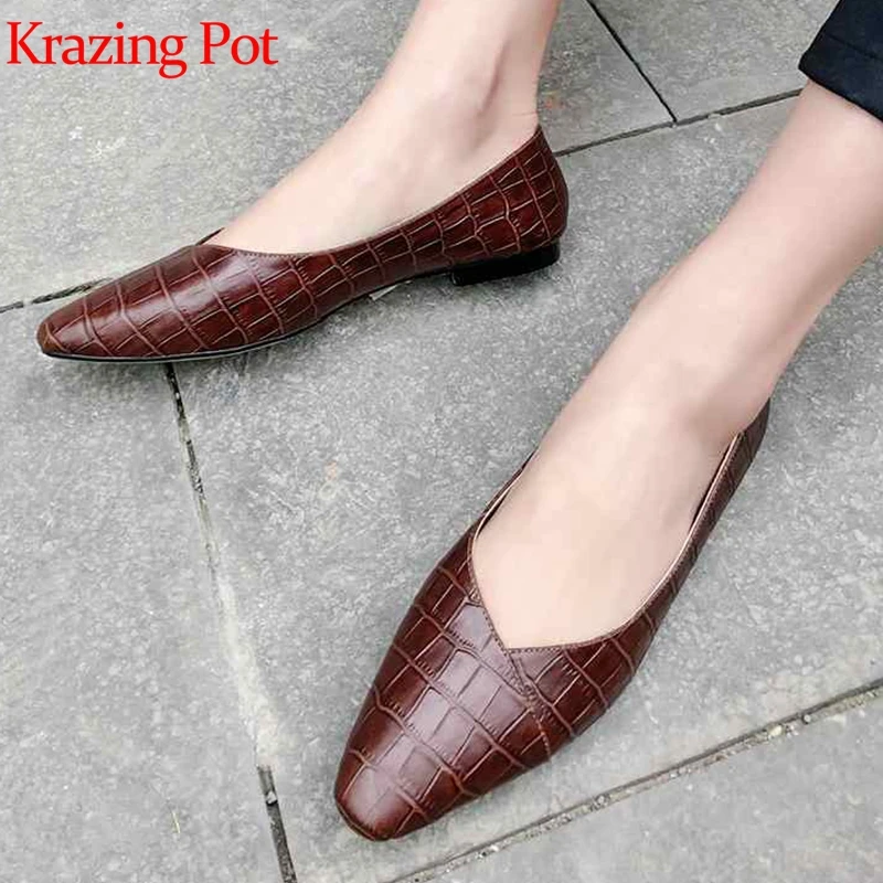 

Krazing Pot full grain leather square toe flats European design brand shallow preppy style concise simple style cozy shoes L55