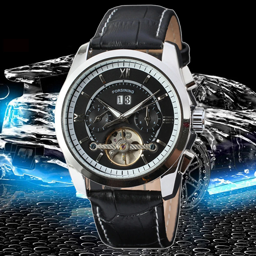 FORSINING Мужчины Гент Черный Tourbillon Дата Винтаж Механические Часы Автоматические