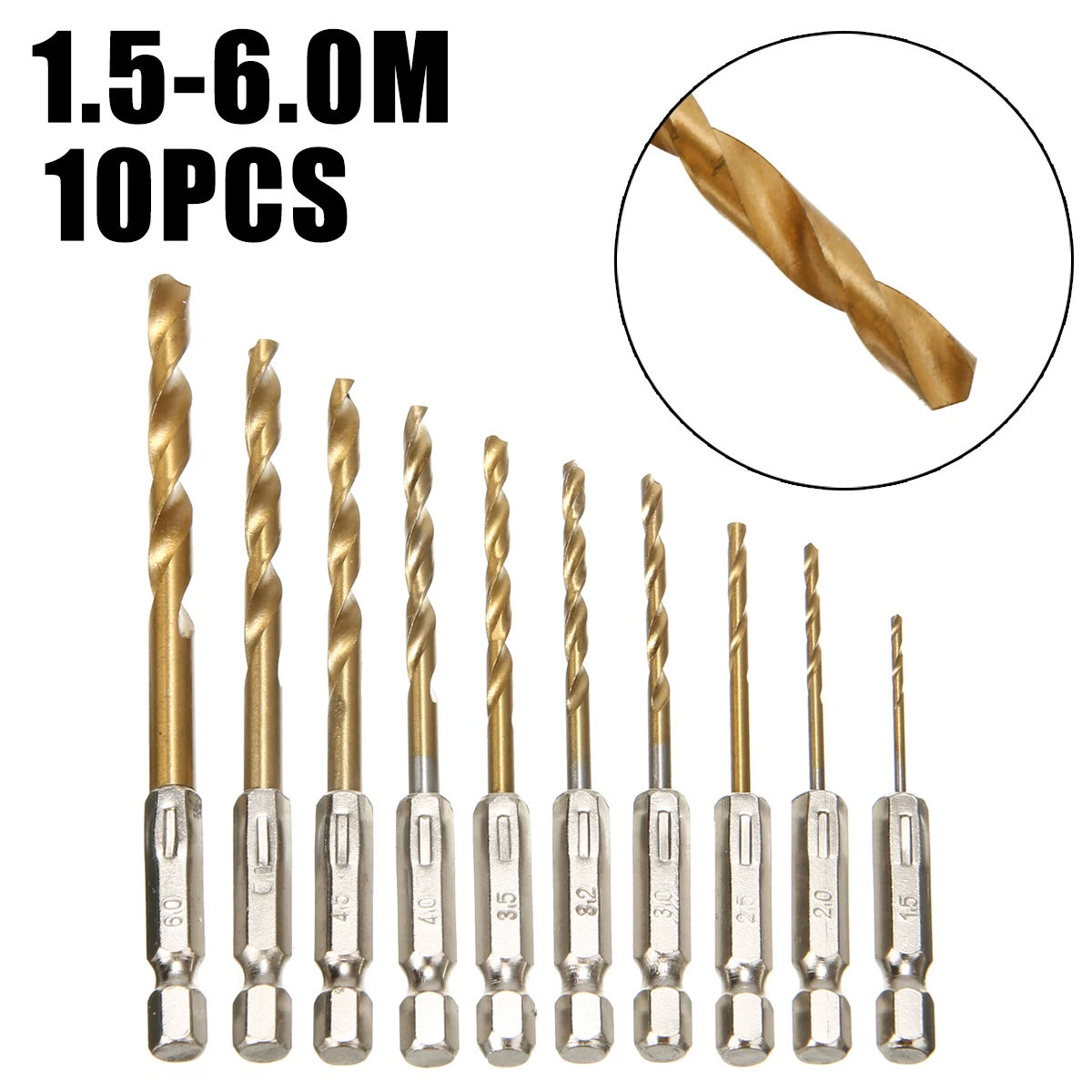 10PCS 1.5-6.0mm HSS Titanium Coated Twist Drill Bit Set Woodworking Metal Tool Hexagonal Drill Bits Cordless Screwdriver