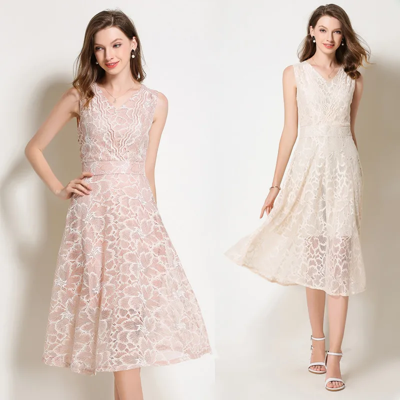 2018 Summer Lace Dress Work Casual Slim Work Women Party Dresses V-neck Sexy Hollow Out A-line Vintage Vestidos