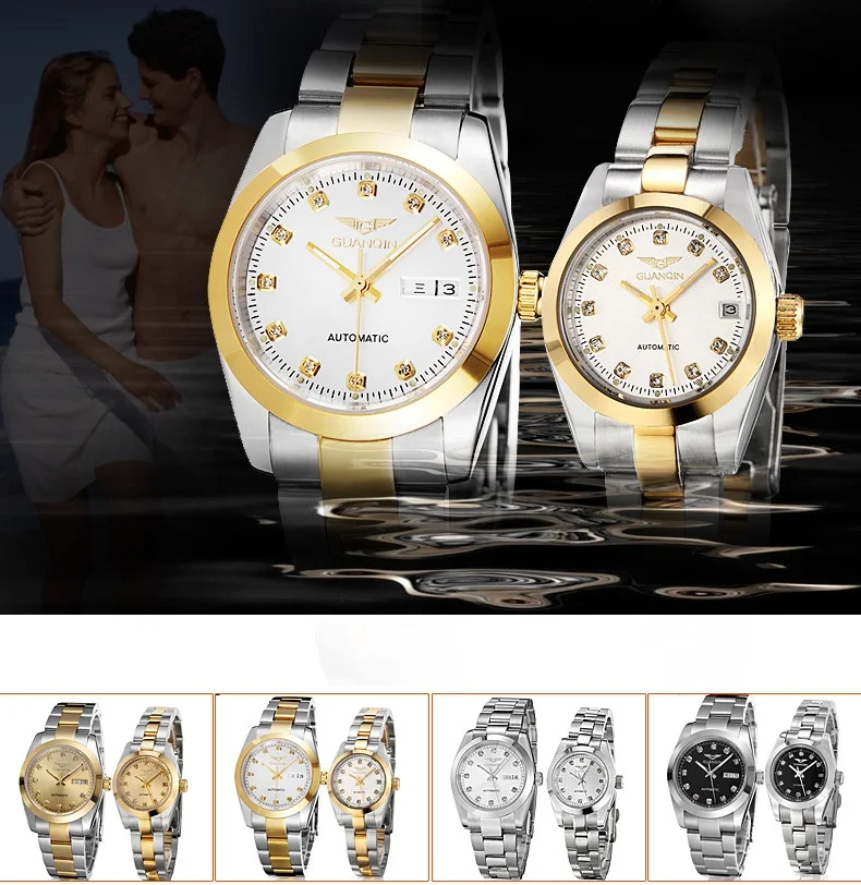GUANQIN Gold Couple Watch Men Women Mechanical Watch Luminous Calendar Week Waterproof Rhinestones Automatic Lovers Watches (6)