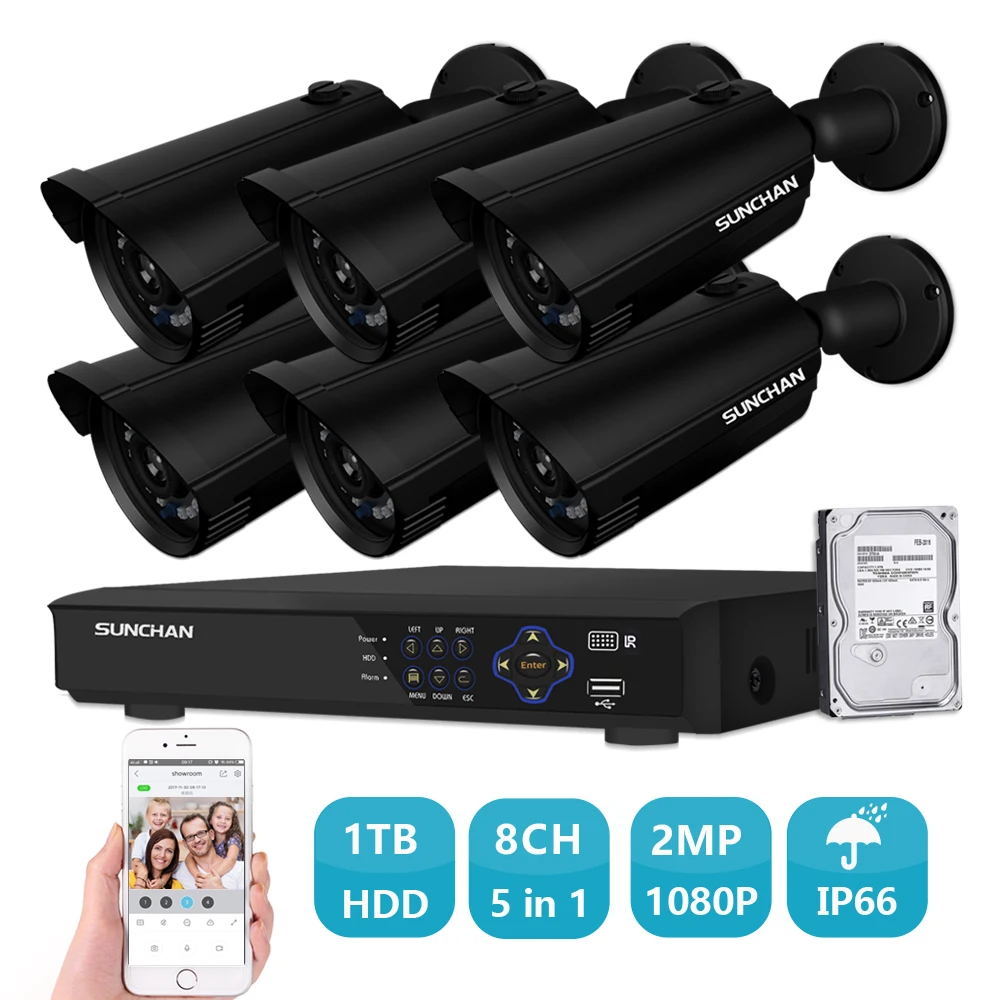 SUNCHAN AHD 8CH CCTV Системы 1080P HDMI CCTV DVR 2.0MP 6 шт. на открытом воздухе защищенная от атмосферных воздействий CCTV камера для домашней безопасности Системы комплект видеонаблюдения 1 ТБ