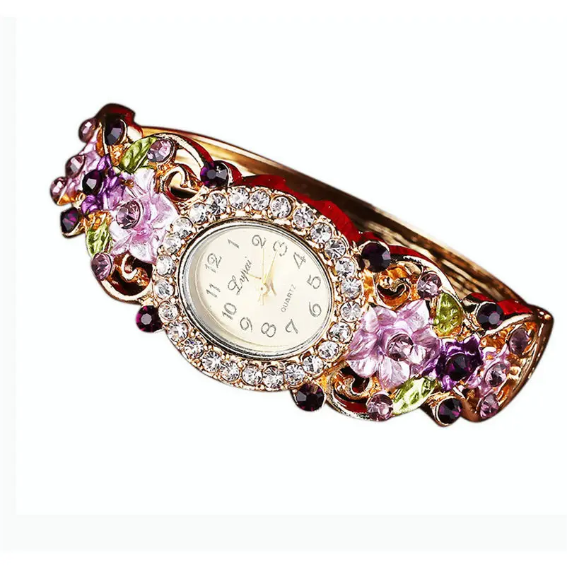 Бренд, женские часы-браслет, модные пасторальные цветы, темперамент, бриллианты, женские часы, подарок, кварцевые часы, Reloj - Цвет: Фиолетовый