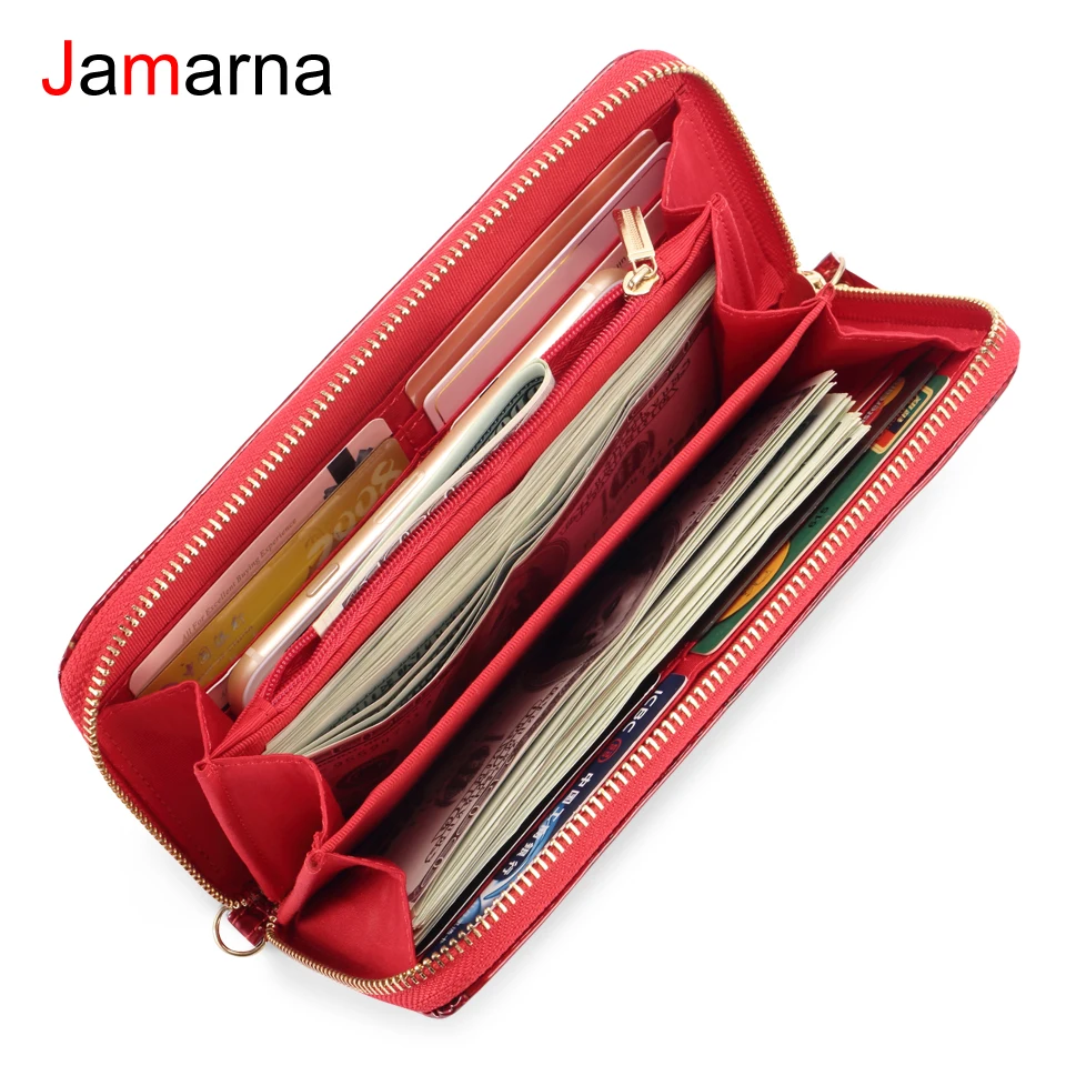 Кошелек Jamarna женский из натуральной кожи бумажники красного цвета на молнии