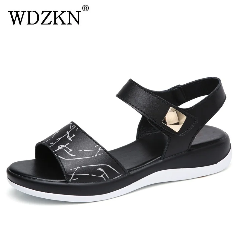 

WDZKN Genuine Leather Women Sandals Summer 2018 Hook Loop Open Toe Ladies Shoes Comfortable Concise Flat Sandals Woman