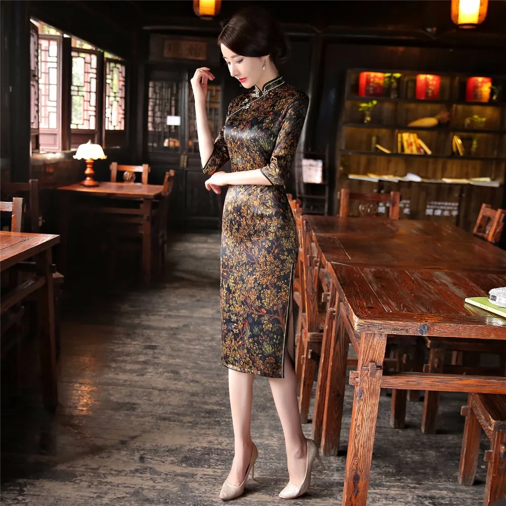 Шанхай история двойной слои длинные Qipao из искусственного шелка китайское традиционное платье восточное платье китайское женское cheongsam